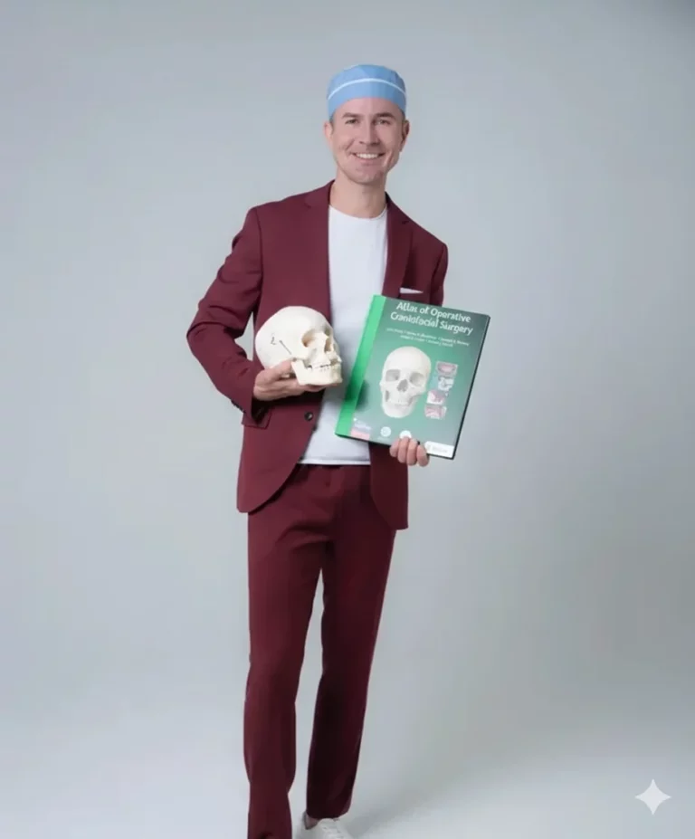 Dr. John Mesa holding his book Atlas of Operative Craniofacial Surgery in a studio portrait.