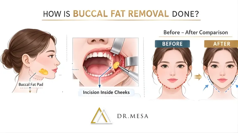 This educational diagram demonstrates how buccal fat removal is performed. It highlights the location of the buccal fat pad inside the cheek, the small incision made inside the mouth, and the resulting facial contour improvement shown in a before-and-after comparison. Diagram made and reviewed by Dr. John Mesa, MD.