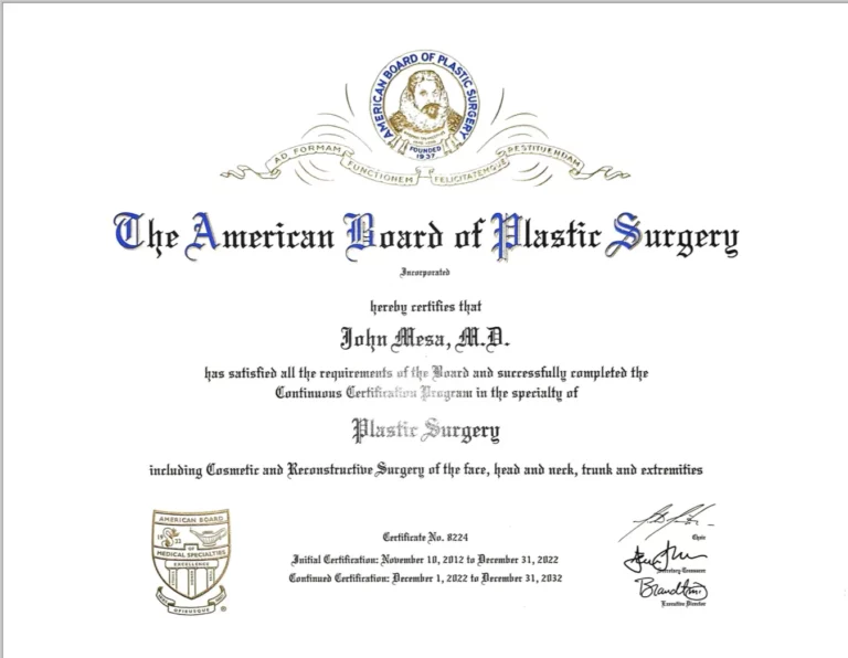Dr. John Mesa Board Certification from The American Board of Plastic Surgery