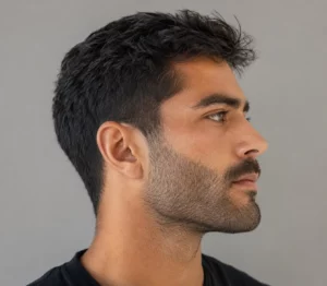 Side-profile portrait of a male model with dark hair, a trimmed beard, defined jawline, and strong chin contour.