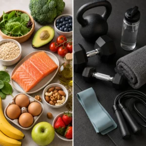 Split image showing nutritious foods including salmon, eggs, fruit, vegetables, oats, and nuts beside dumbbells, a kettlebell, resistance bands, a jump rope, towel, and water bottle.