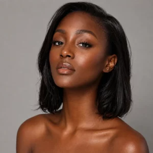Studio portrait of a Black female model with smooth skin, a defined jawline, and a balanced lower-face contour.