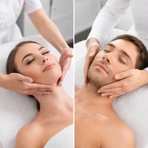 Split image of a woman and a man receiving gentle chin, jawline, and neck massage treatments in a clinical spa setting.