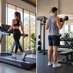 Split image of a woman walking on a treadmill and a man lifting dumbbells in a bright modern gym.