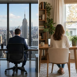 Split image of a man working in a New York City office and a woman working from a bright home office.