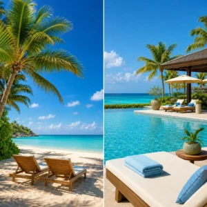 Split image showing a palm-lined tropical beach with lounge chairs beside a luxury oceanfront resort pool and sunbeds.