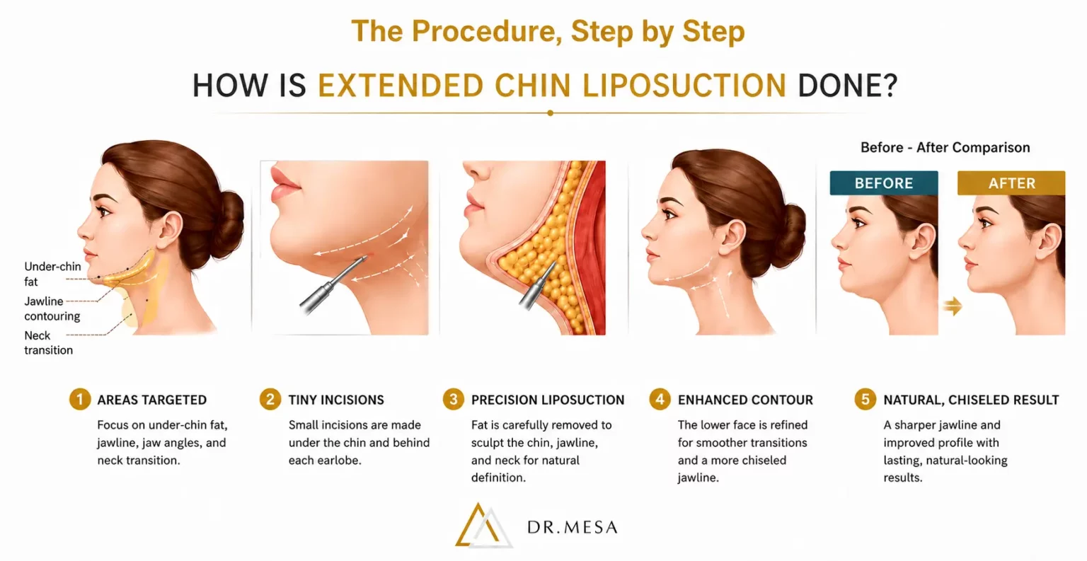 Diagram showing chin, jawline, and neck areas evaluated for Extended Chin Liposuction